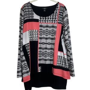Alfani Woman Knit Tunic Top XL Black Coral Geometric Long Sleeve flaw